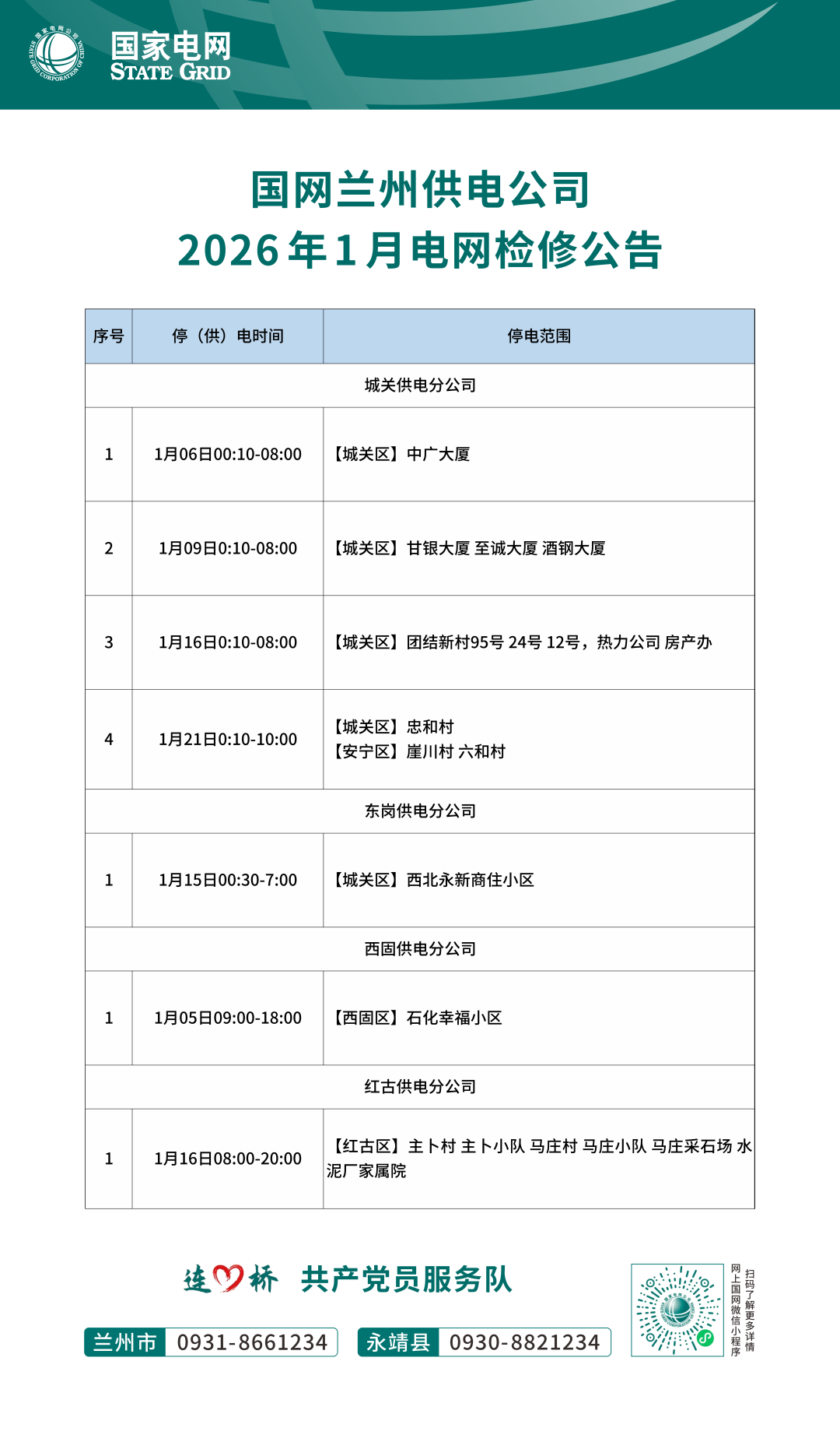 2026年1月兰州停电通知