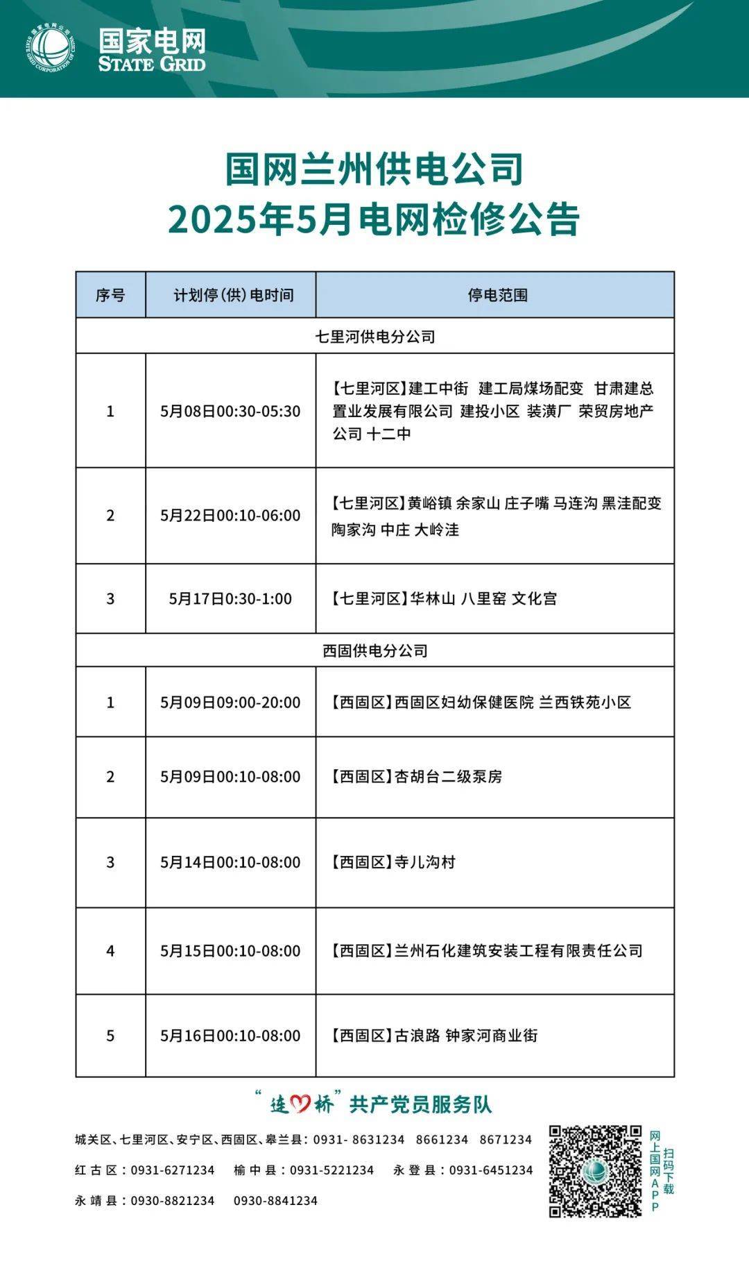 2025年5月兰州停电通知！